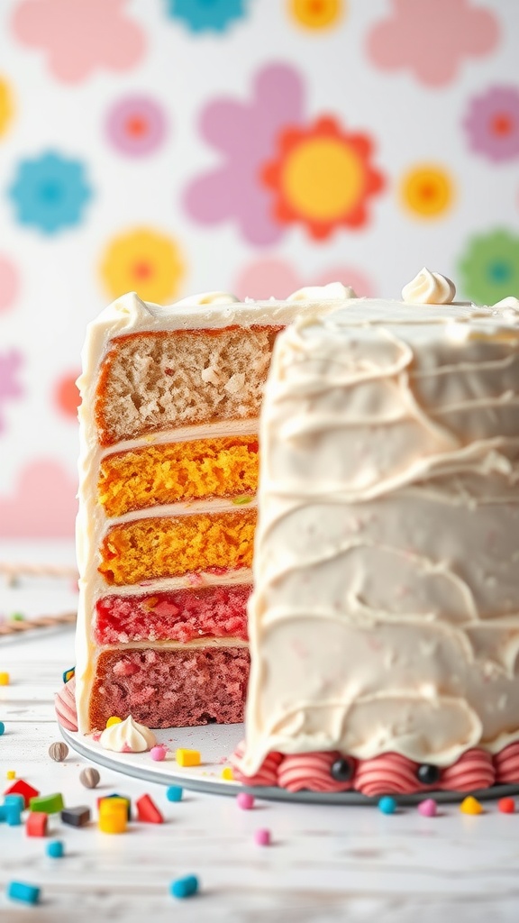 A colorful rainbow layer cake with vibrant layers of red, orange, yellow, green, blue, and purple, perfectly frosted and presented.