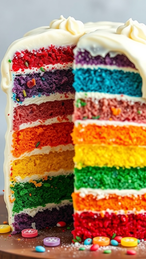 Colorful layers of a rainbow cake with frosting.
