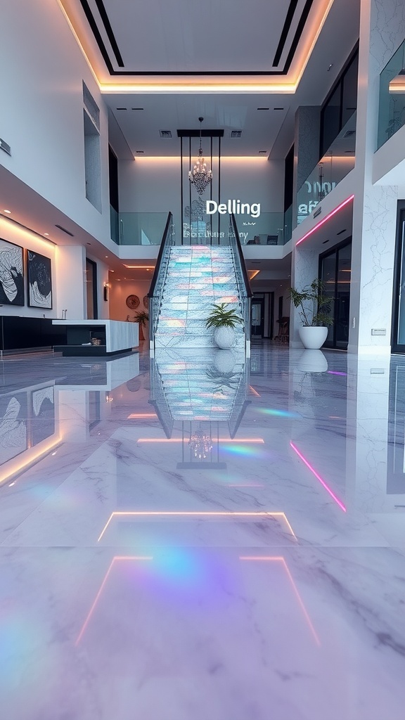 A modern interior with shimmering epoxy floors reflecting vibrant colors, showcasing a stylish staircase and elegant decor.