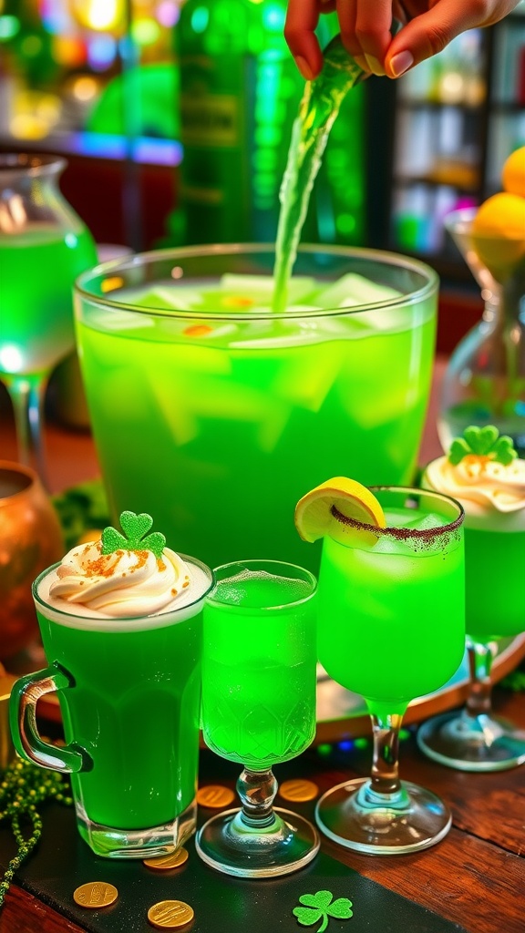 A vibrant green punch served in a punch bowl with glasses, garnished with fruit slices.