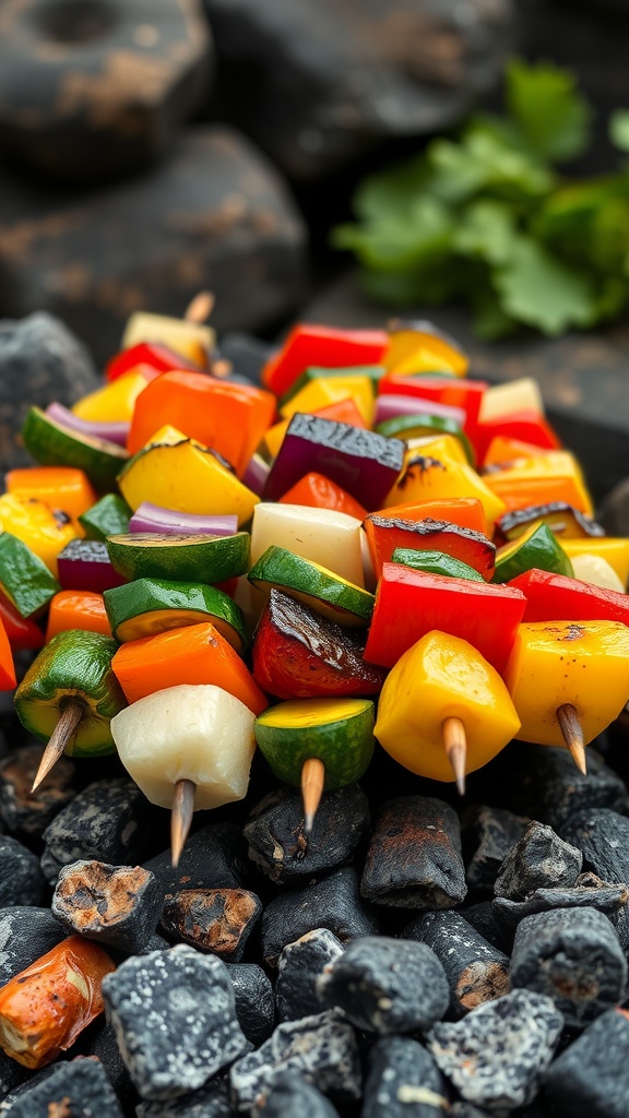 Colorful vegetable skewers on charcoal grill
