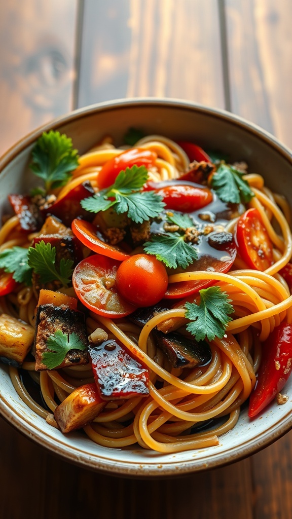 A bowl of ramen noodle stir-fry with colorful vegetables and garnishes.