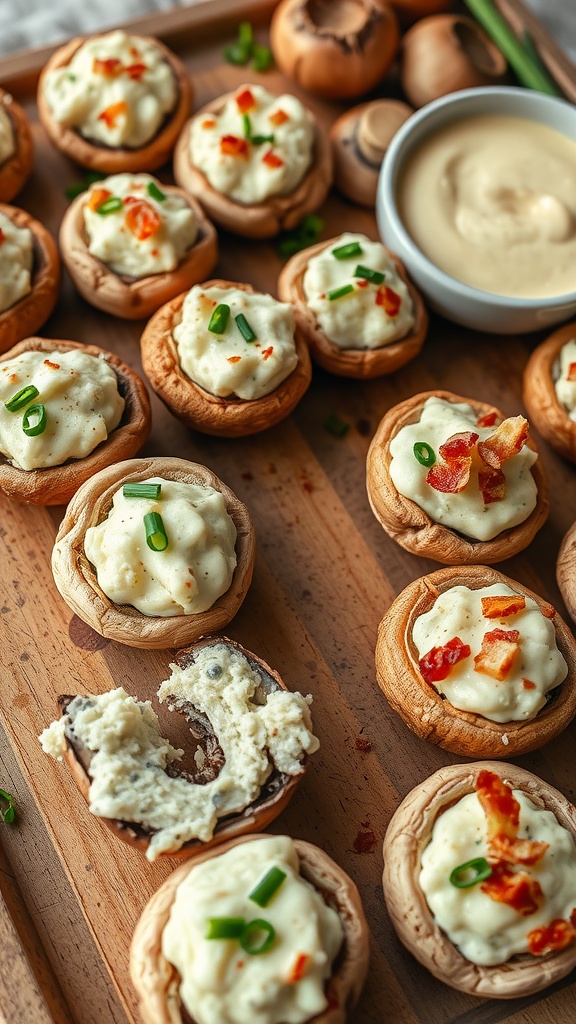 Ranch cream cheese stuffed mushrooms on a wooden platter