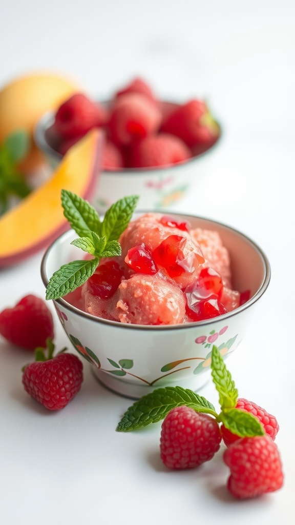 A bowl of raspberry-mango sorbet garnished with mint leaves.