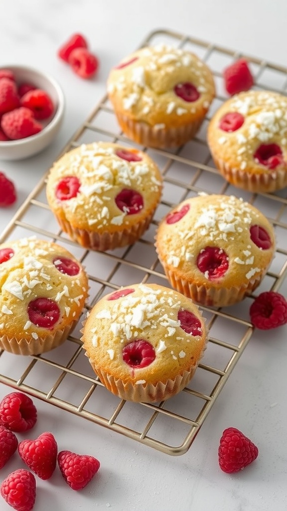 Raspberry Coconut Muffins on a cooling rack with fresh raspberries