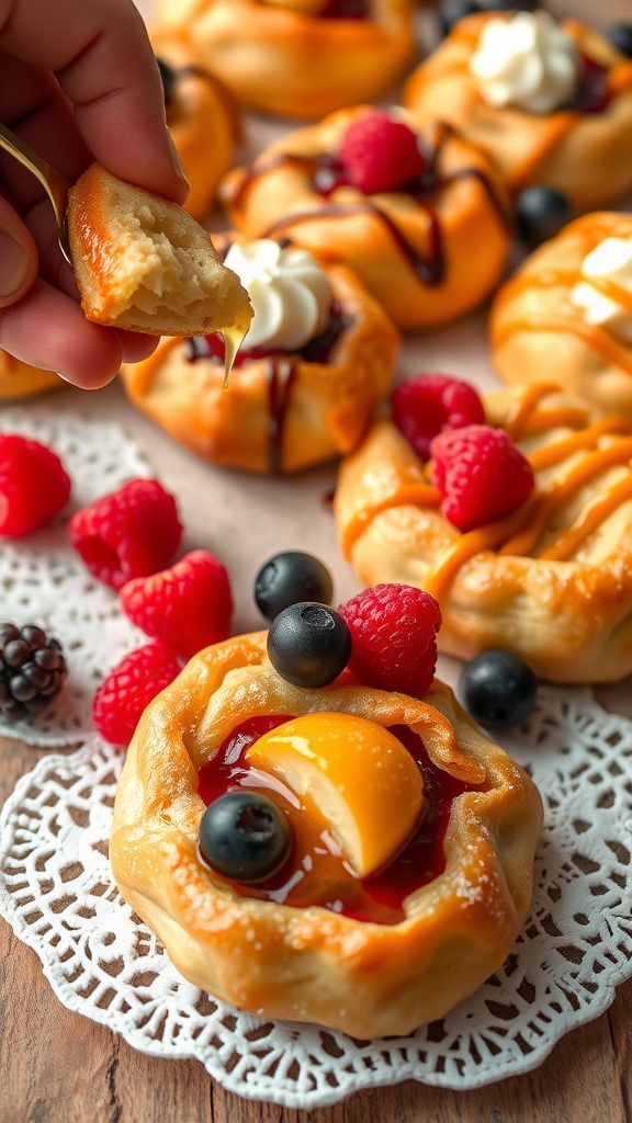Raspberry Cream Cheese Danishes on a table, garnished with fresh berries.