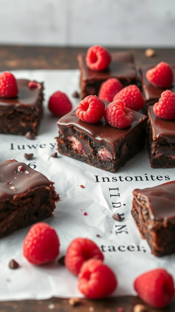 Delicious raspberry ganache brownies topped with fresh raspberries.