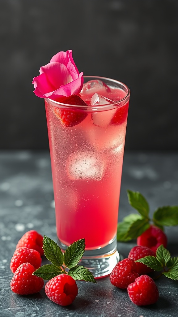 A refreshing Raspberry Rose Mocktail garnished with a pink rose petal and fresh raspberries.