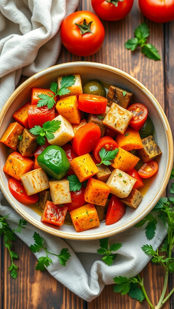 A vibrant bowl of ratatouille featuring colorful diced vegetables and fresh herbs.