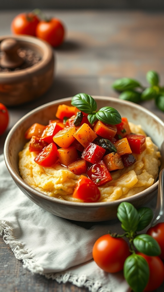 A bowl of creamy polenta topped with colorful ratatouille, garnished with fresh basil.