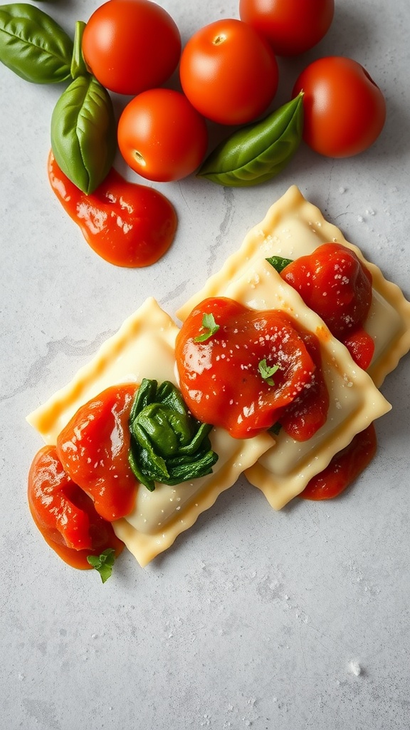 Delicious homemade ravioli with ricotta and spinach, garnished with tomato sauce and fresh basil.