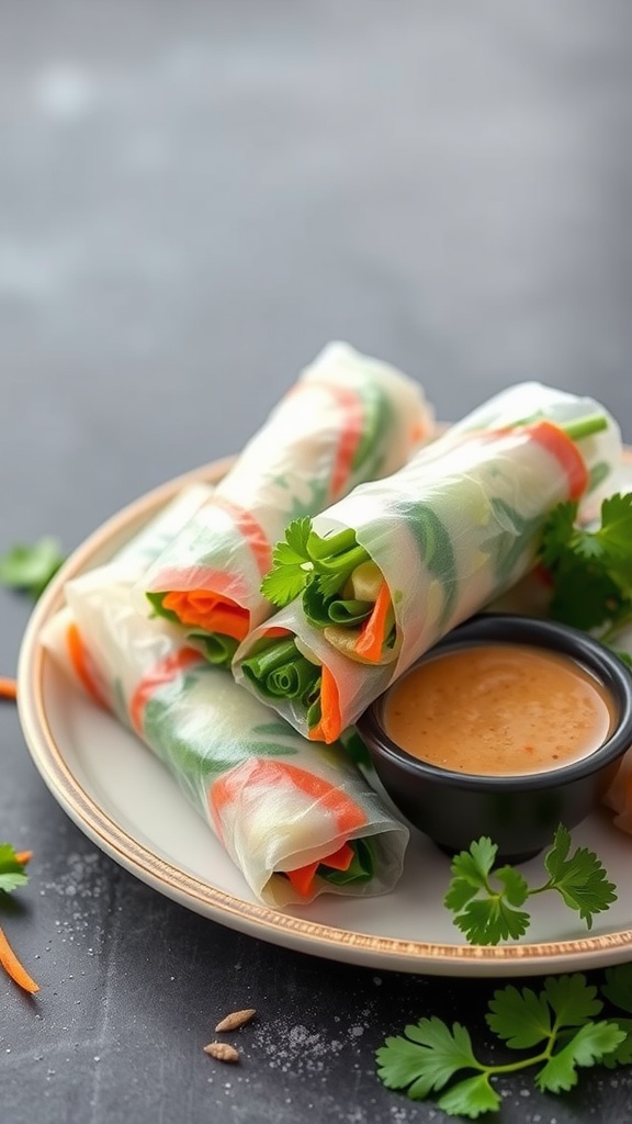 Raw veggie spring rolls served with peanut dipping sauce