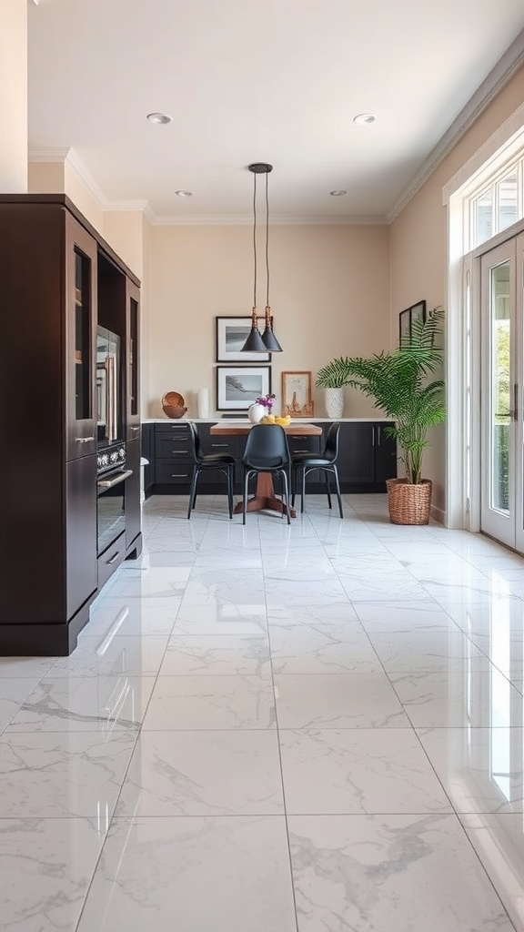A modern dining area with glossy epoxy flooring resembling marble, featuring black furniture and a plant, reflecting a stylish and eco-friendly design.