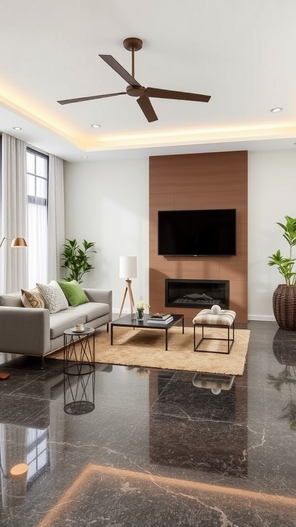 Stylish living room with epoxy flooring, stone fireplace, and modern furniture