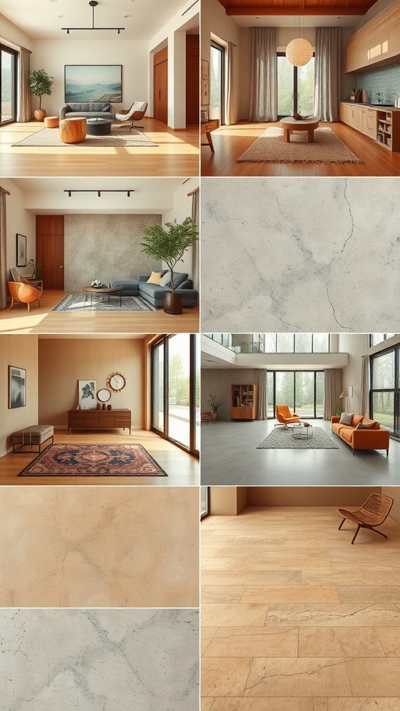 A collage of living spaces featuring rustic cement floors, showcasing various styles like polished and stained concrete.
