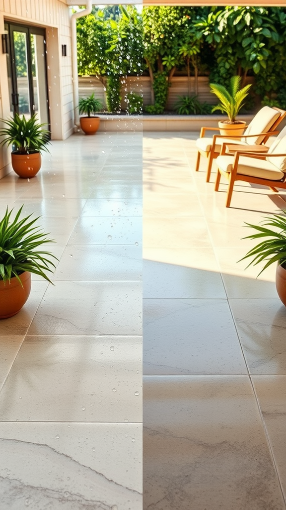 Before and after images of a patio transformed with epoxy flooring.