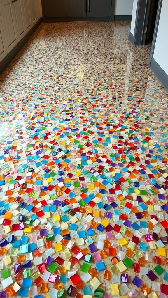 Colorful recycled glass chip epoxy flooring in a room