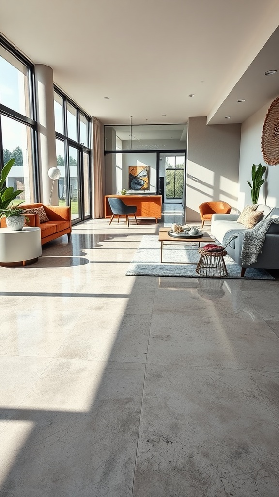 A bright and spacious living room with recycled glass epoxy flooring, large windows, and modern furniture.