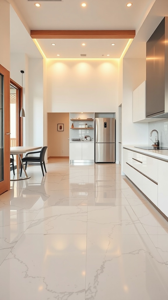 Modern kitchen with shiny epoxy floor and contemporary design elements.