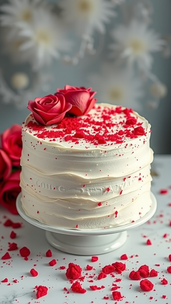 A beautifully decorated red velvet cake with cream cheese frosting, adorned with red roses and crumbs.