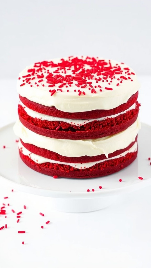 A beautifully layered red velvet cake with cream cheese frosting and red sprinkles on top.