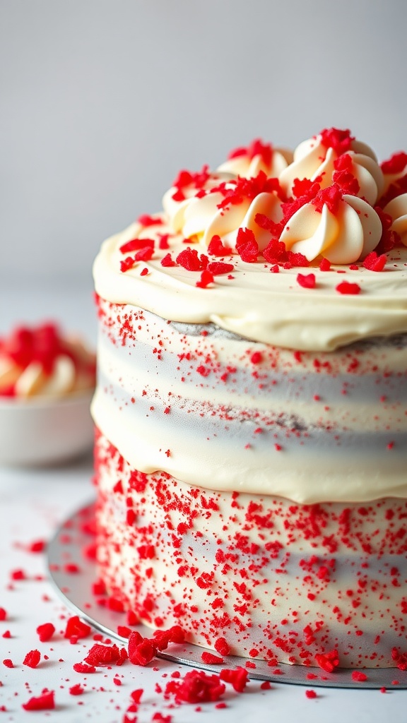 A delicious red velvet cake with cream cheese frosting and red crumbs on top.