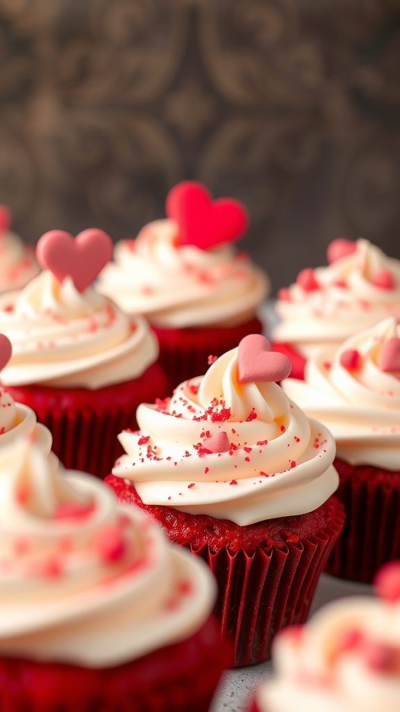Delicious red velvet cupcakes topped with cream cheese frosting and heart decorations.