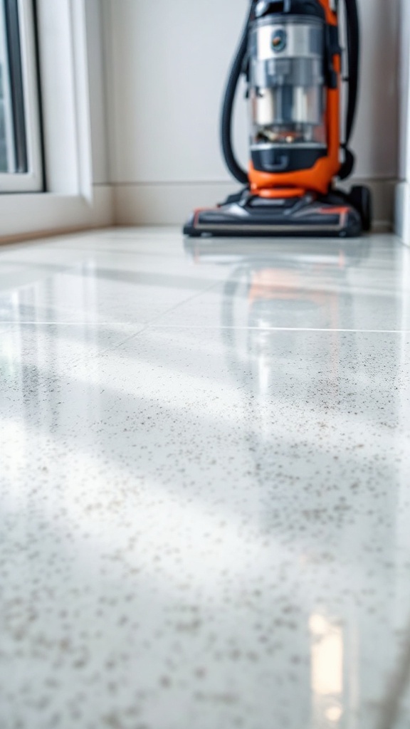 A clean floor with a vacuum cleaner, emphasizing the importance of reducing dust mites and allergens.