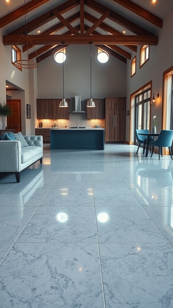 Interior space with epoxy floors resembling marble, featuring a modern kitchen and living area