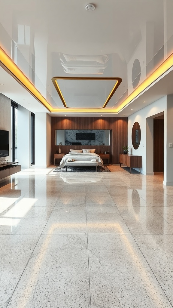 Modern bedroom with a shiny ceiling and sleek epoxy flooring.