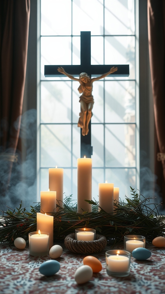 A beautifully arranged table with candles and Easter decorations.