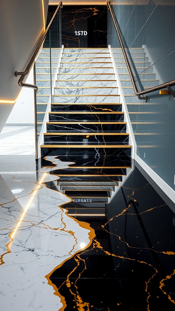 High-gloss epoxy resin flooring on stairs featuring white and gold marble design