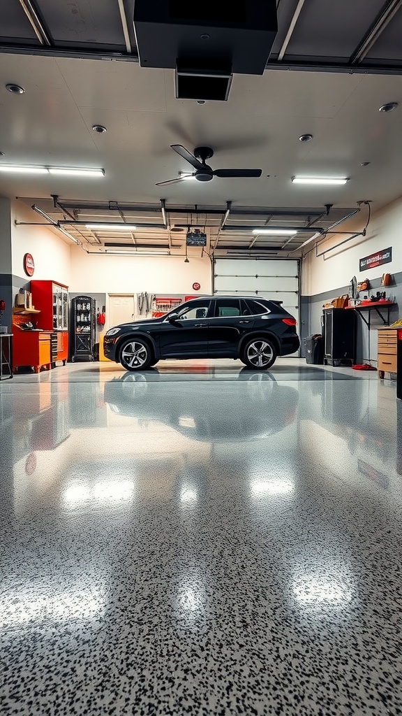A modern garage with a speckled epoxy floor and a parked car.