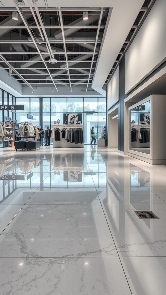 A bright retail space with a shiny, reflective epoxy floor.
