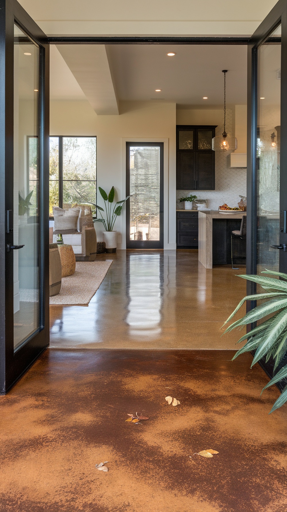 A modern living space with a high-gloss stained concrete floor, showcasing a blend of earthy tones and stylish decor.