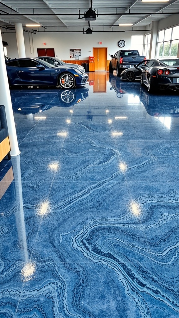 A showroom with shiny blue epoxy flooring showcasing luxury cars.