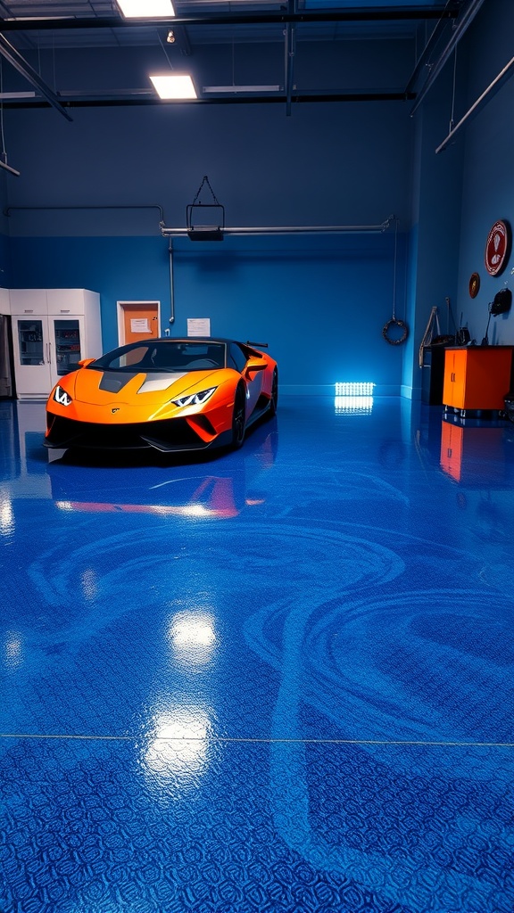 A vibrant blue epoxy floor in a garage with a sleek orange sports car