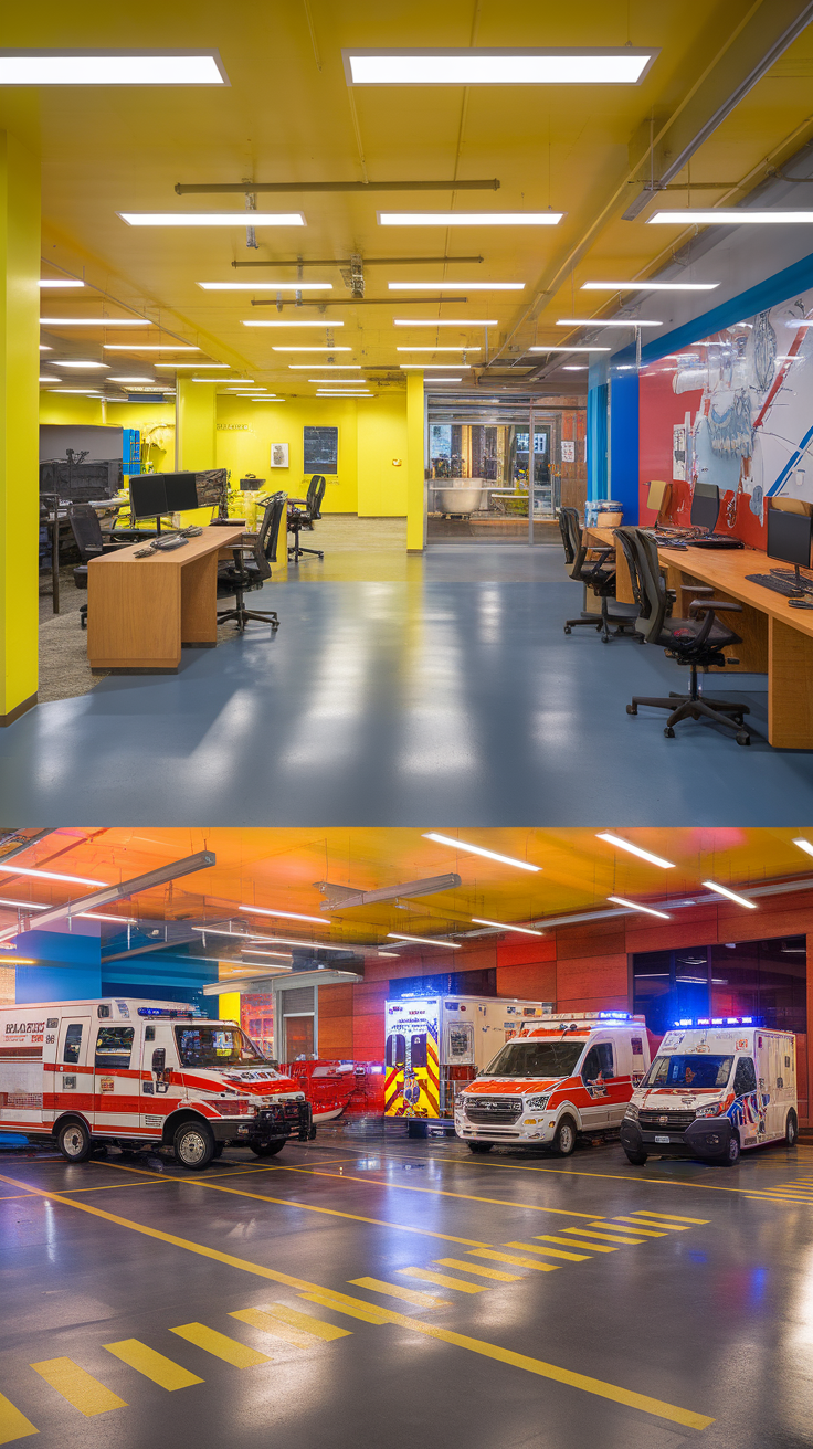 Interior view showing reflective epoxy flooring in an emergency response facility with bright colors and vehicles.