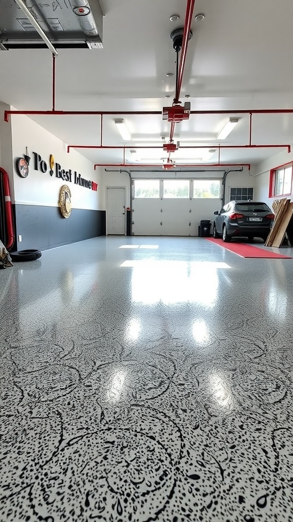 A garage featuring reflective metallic epoxy flooring with dark square patterns and a sleek vehicle parked inside.
