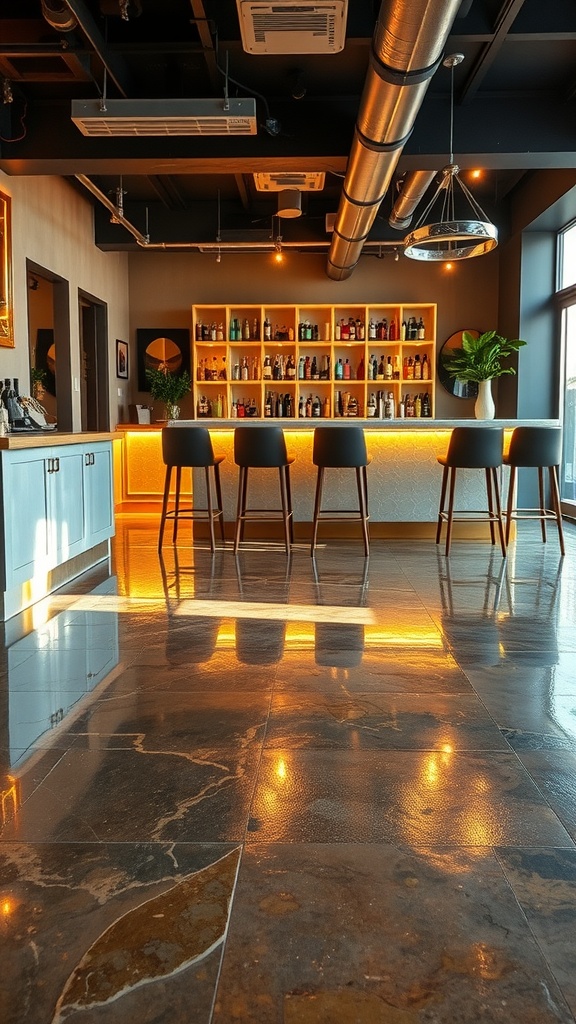 A modern interior with a reflective metallic epoxy floor, showcasing a stylish bar area.