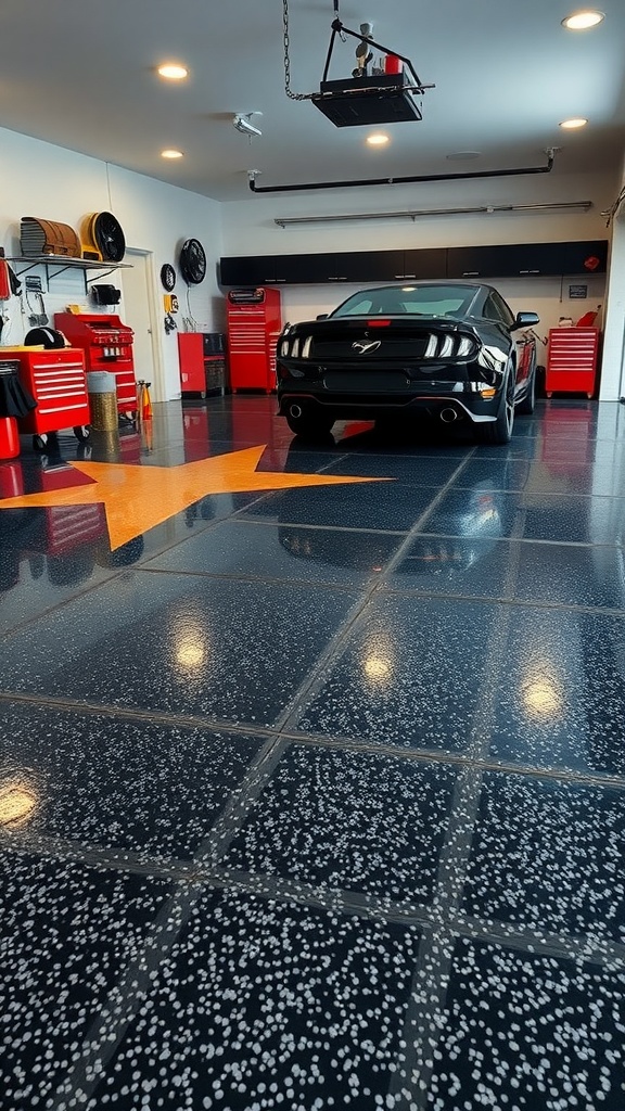 A stylish garage with a black epoxy floor featuring reflective mica flakes, showcasing a sleek car.