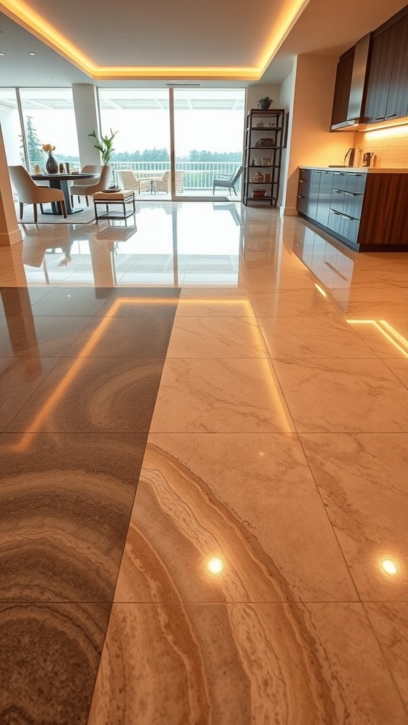 A modern living space featuring a glossy epoxy floor designed to resemble ocean waves, reflecting light and enhancing the ambiance of the room.