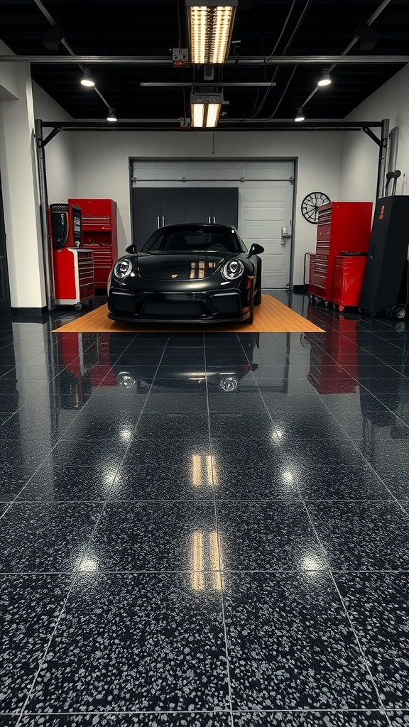 A modern garage featuring reflective black epoxy flooring, showcasing a shiny surface with a parked car.