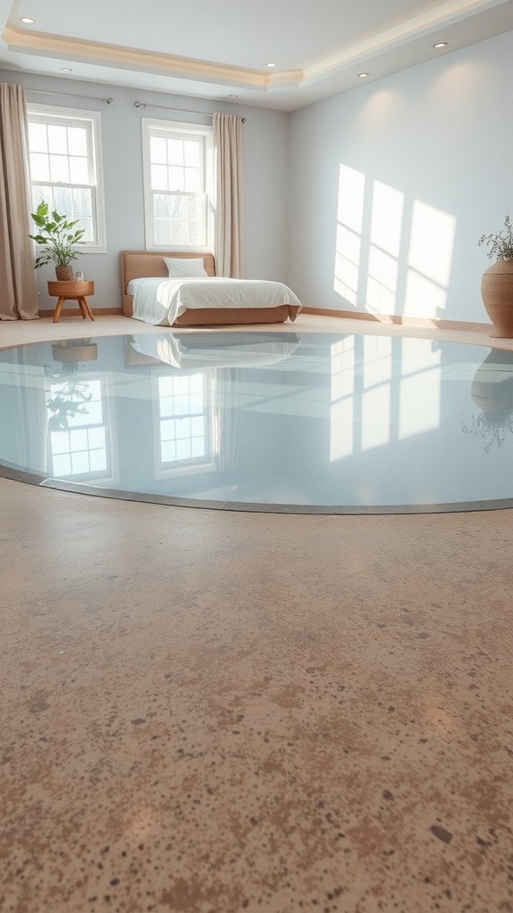 A modern bedroom with reflective pool epoxy flooring, showcasing a serene and spacious atmosphere.
