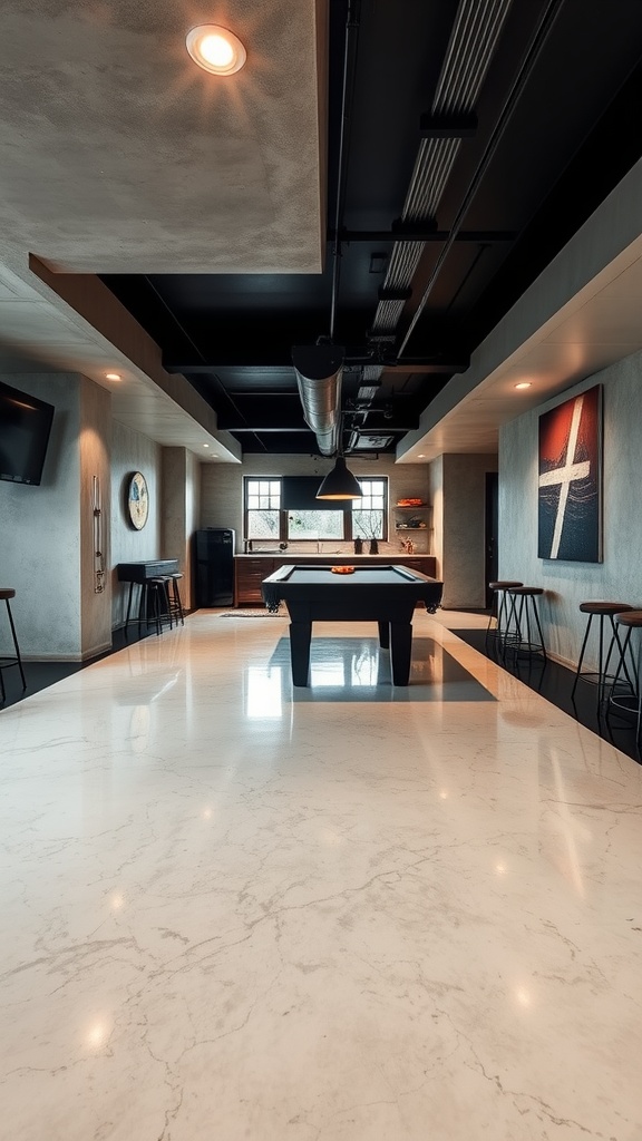 Modern basement area with a pool table and reflective epoxy flooring.