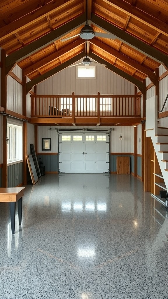 A spacious garage loft with a shiny epoxy floor, showcasing a bright and modern interior.