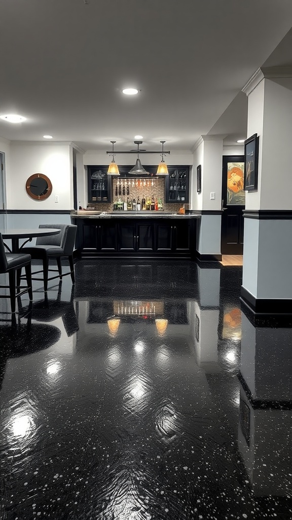 A stylish basement bar featuring a glossy black epoxy floor, reflecting light and enhancing the spacious feel.