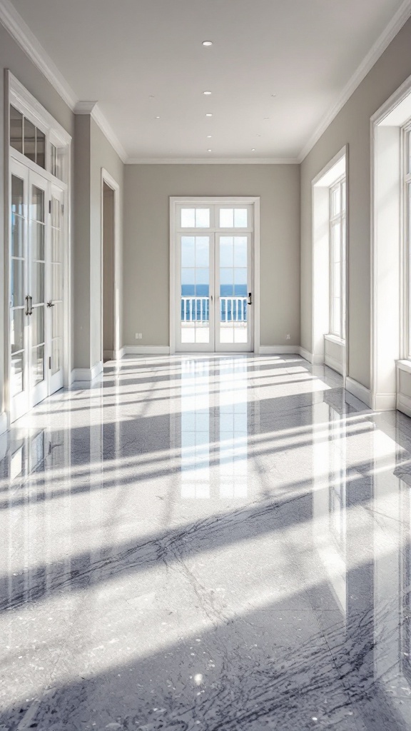 A bright room with reflective surfaces and large windows showing ocean view.