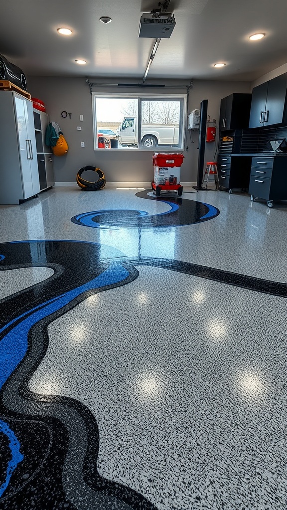 A beautifully designed garage floor with black and blue epoxy patterns, showcasing a reflective surface.