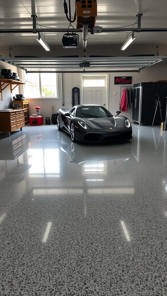 A sleek garage with a shiny epoxy floor and a luxury car, showcasing a bright and modern space.